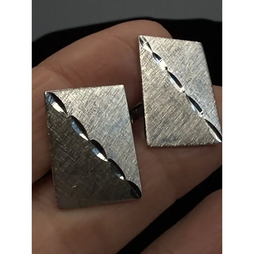 Vtg Anson Sterling Silver Cufflinks MCM Brushed Rectangle Diamond Cut 8.5g